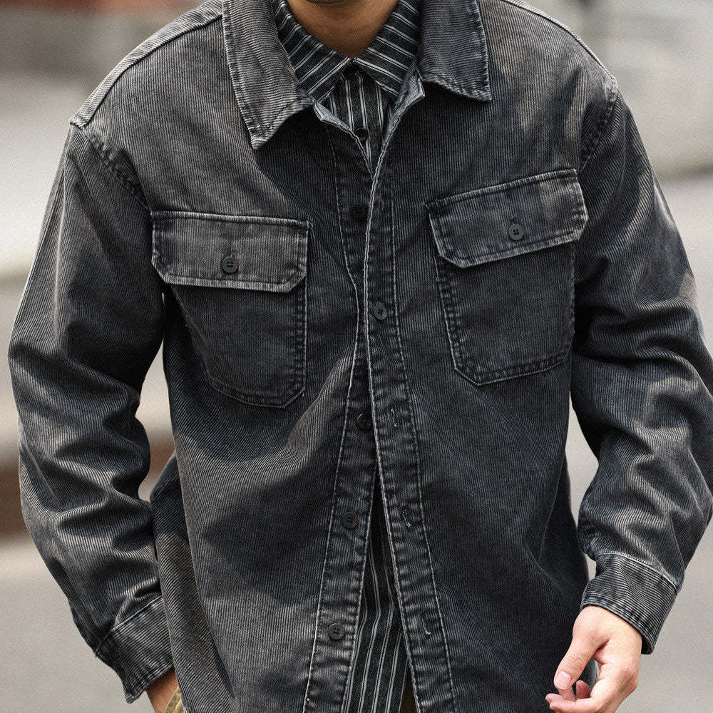 美式休閒水洗長袖燈芯絨襯衣男疊穿外搭16坑條絨肌理感襯衫-Retro's Wear