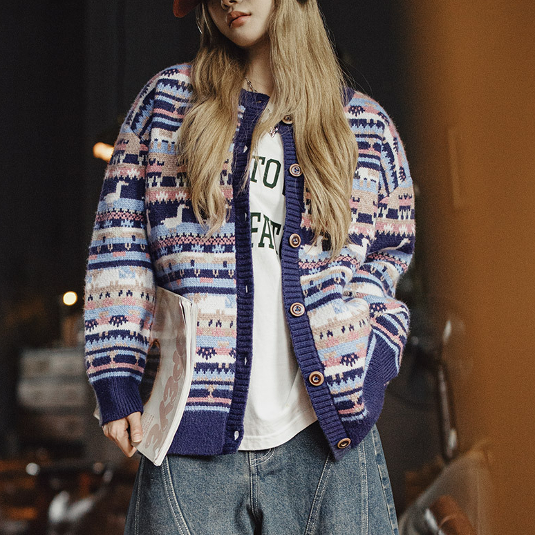 動物圖案復古寬鬆加厚費爾島針織提花毛衣開衫外套上衣女秋冬