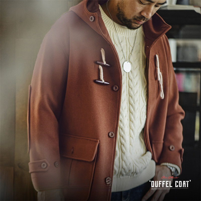 美式復古牛角扣連帽毛呢大衣學院風寬鬆長款外套男女秋冬-Retro's Wear