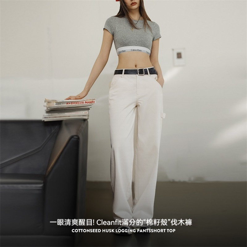 棉籽殼白色伐木工直筒褲純棉百搭休閒褲美式復古工裝褲夏季女-Retro's Wear