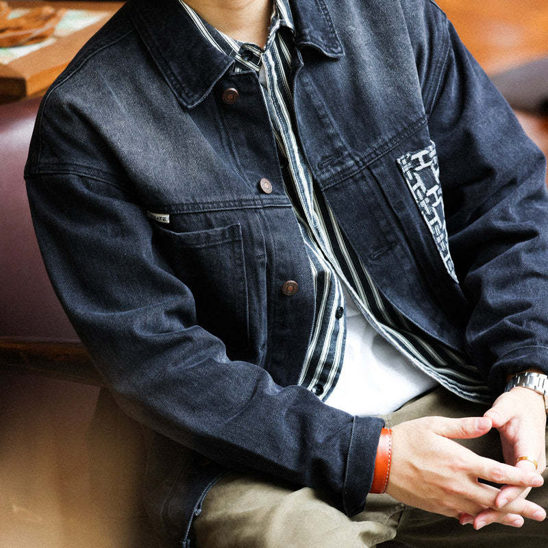 美式復古風暴騎士牛仔夾克男腰果花拼接口袋設計獵裝機車外套-Retro's Wear