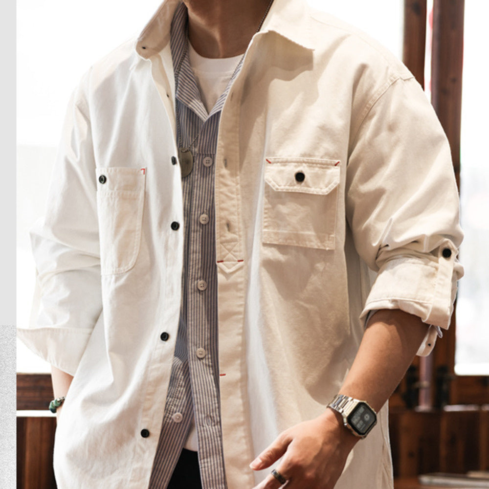 日系復古工裝襯衫男寬鬆cityboy高密純棉白色硬漢夾克外套秋-Retro's Wear