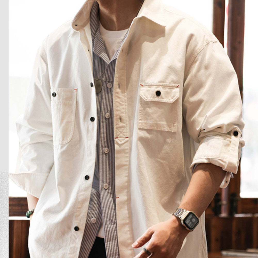 日系復古工裝襯衫男寬鬆cityboy高密純棉白色硬漢夾克外套秋-Retro's Wear