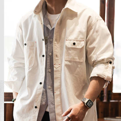 日系復古工裝襯衫男寬鬆cityboy高密純棉白色硬漢夾克外套秋-Retro's Wear