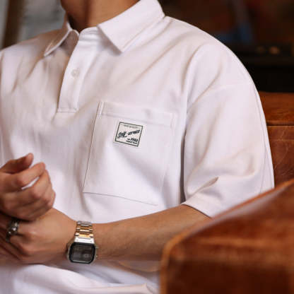日系痞帥短袖POLO衫男士口袋貼標翻領美式復古重磅保羅T恤夏-Retro's Wear