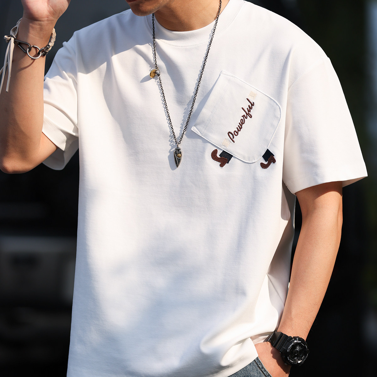 美式休閒220g雲梯紋理短袖T恤男寬鬆刺繡口袋設計TEE春