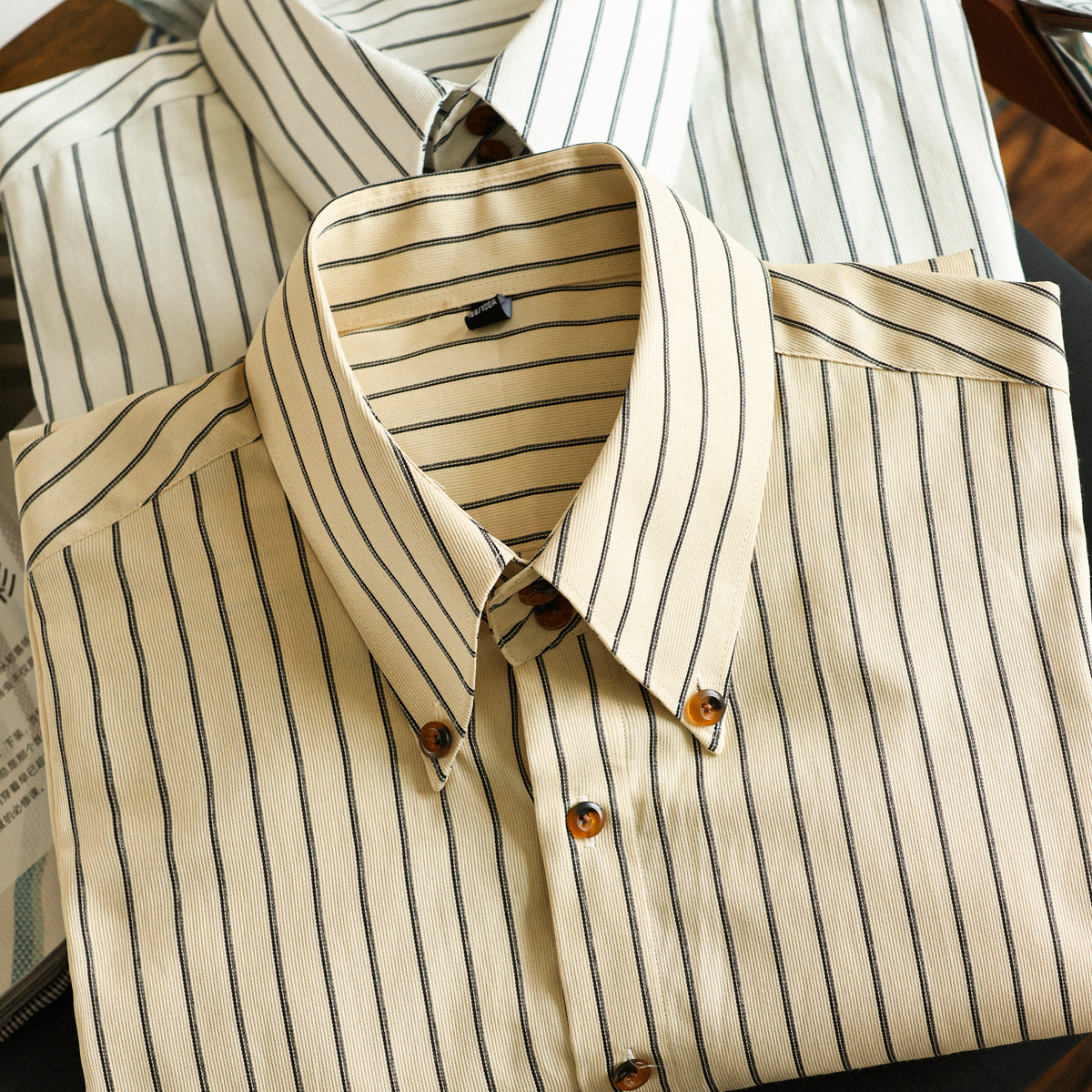 美式復古薄款咖色條紋襯衫男修身通勤休閒長袖襯衣外套