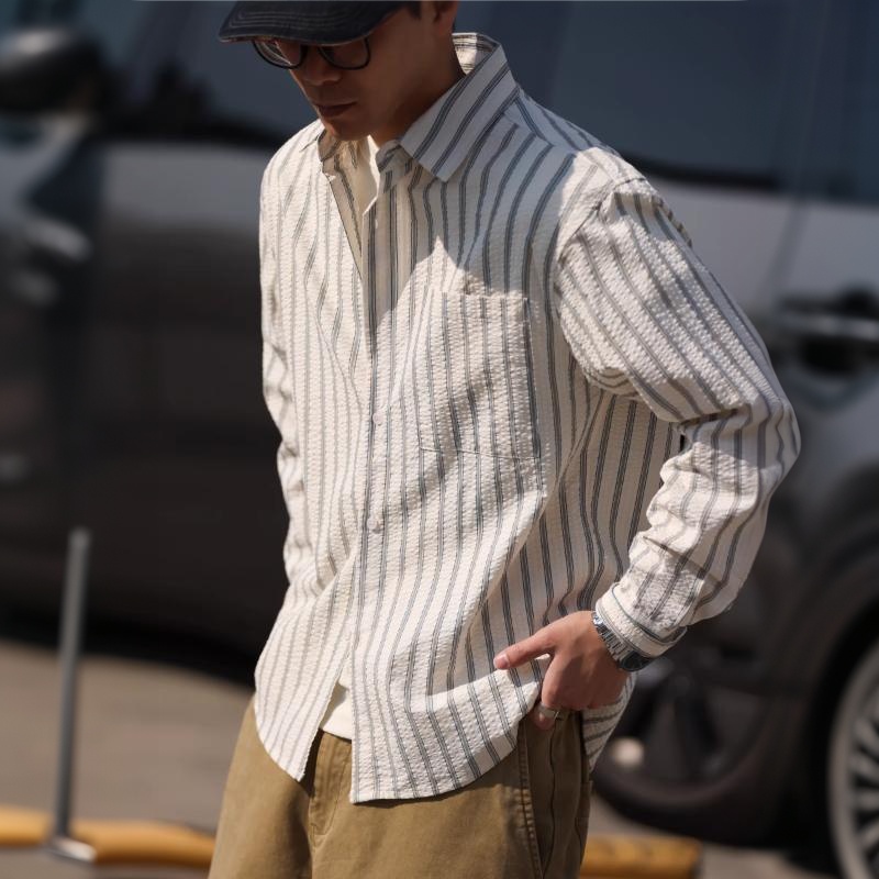 美式休閒立體泡泡紗長袖條紋襯衫男100%純棉復古襯衣春