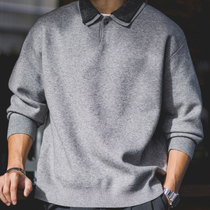 復古撞色拼接假兩件翻領毛衣男2025秋冬季新款寬鬆休閒通勤針織衫