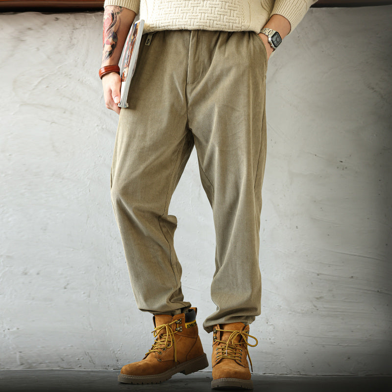 美式重磅燈芯絨休閒褲男寬鬆加絨百搭卡其色小錐形長褲秋冬-Retro's Wear