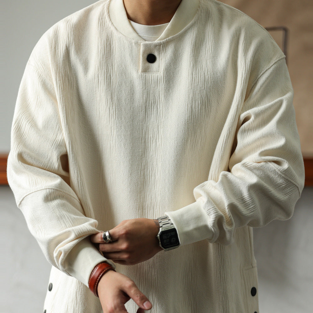 美式休閒重磅提花紋理衛衣男鬆弛設計感寬鬆棒球領套頭衫秋-Retro's Wear