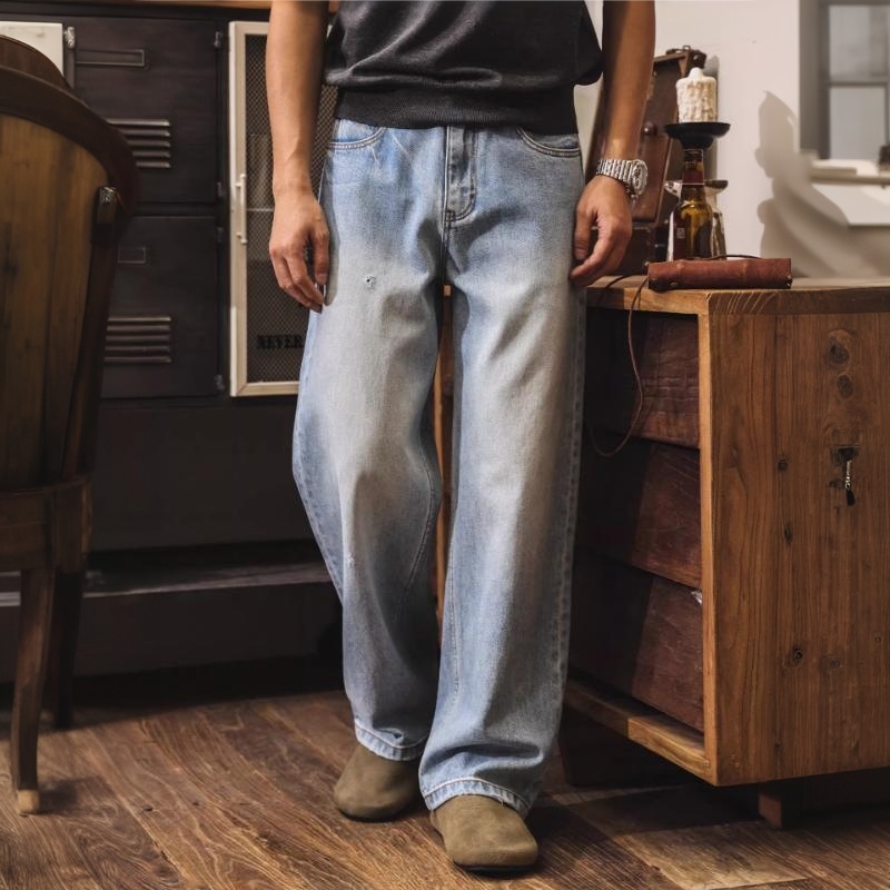美式復古水洗磨白闊腿牛仔褲男款2026新款春季潮牌寬鬆休閒直筒褲