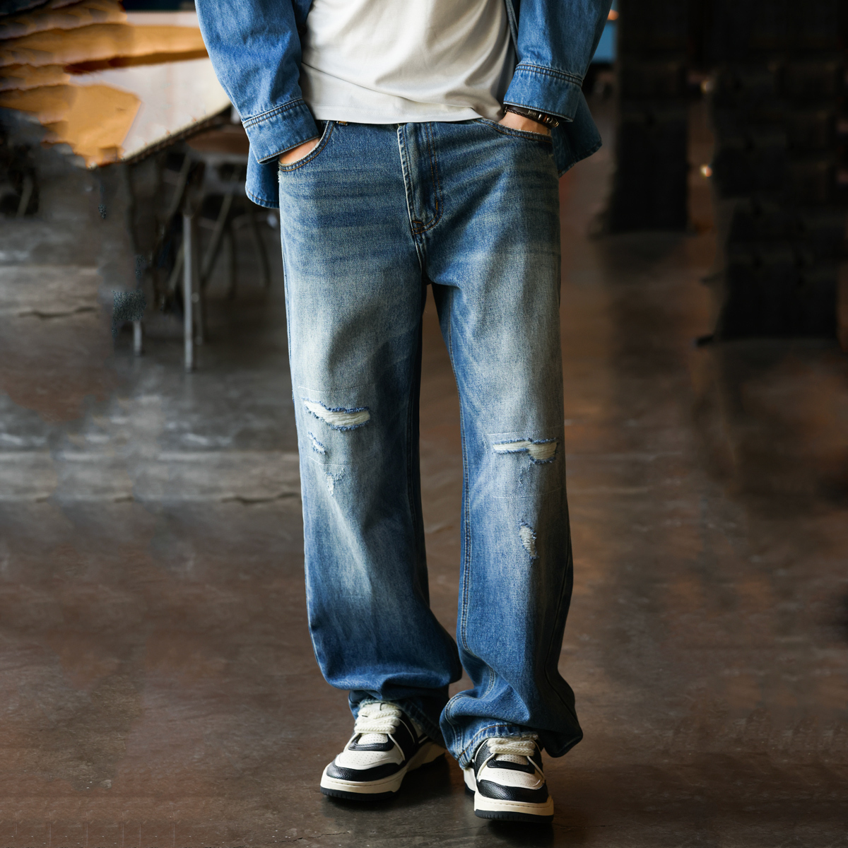 美式復古12盎司破洞補丁牛仔褲男石磨紋理闊腿直筒長褲