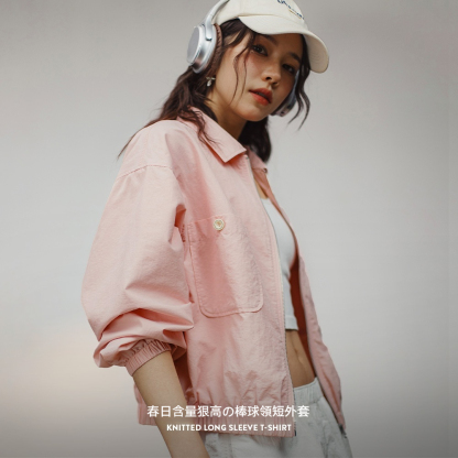 美式vintage棒球領夾克短款設計感粉色棒球服外套機車上衣女
