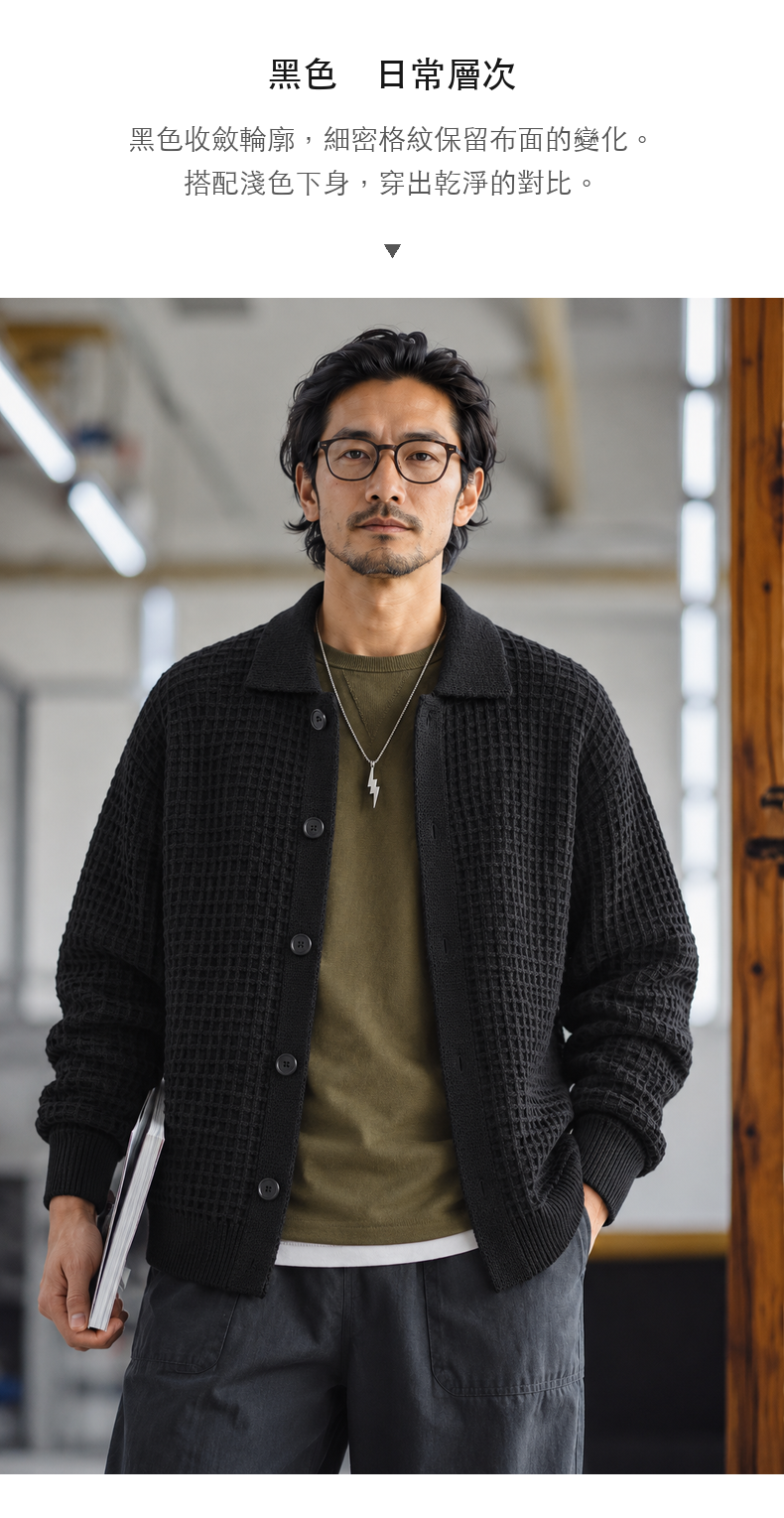 復古華夫格翻領單排扣針織外套 · 10-S04