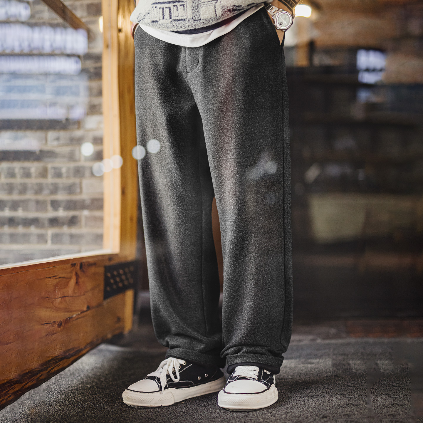 美式灰黑色毛呢西褲老錢風直筒休閒褲垂墜感長褲子男秋冬