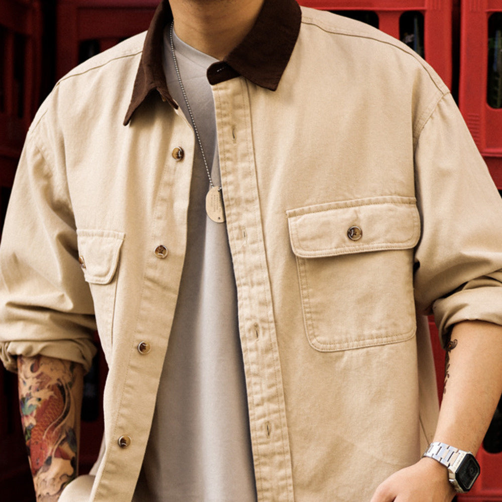 美式復古底特律襯衫外套男280g賽絡紡純棉撞色翻領長袖襯衣-Retro's Wear