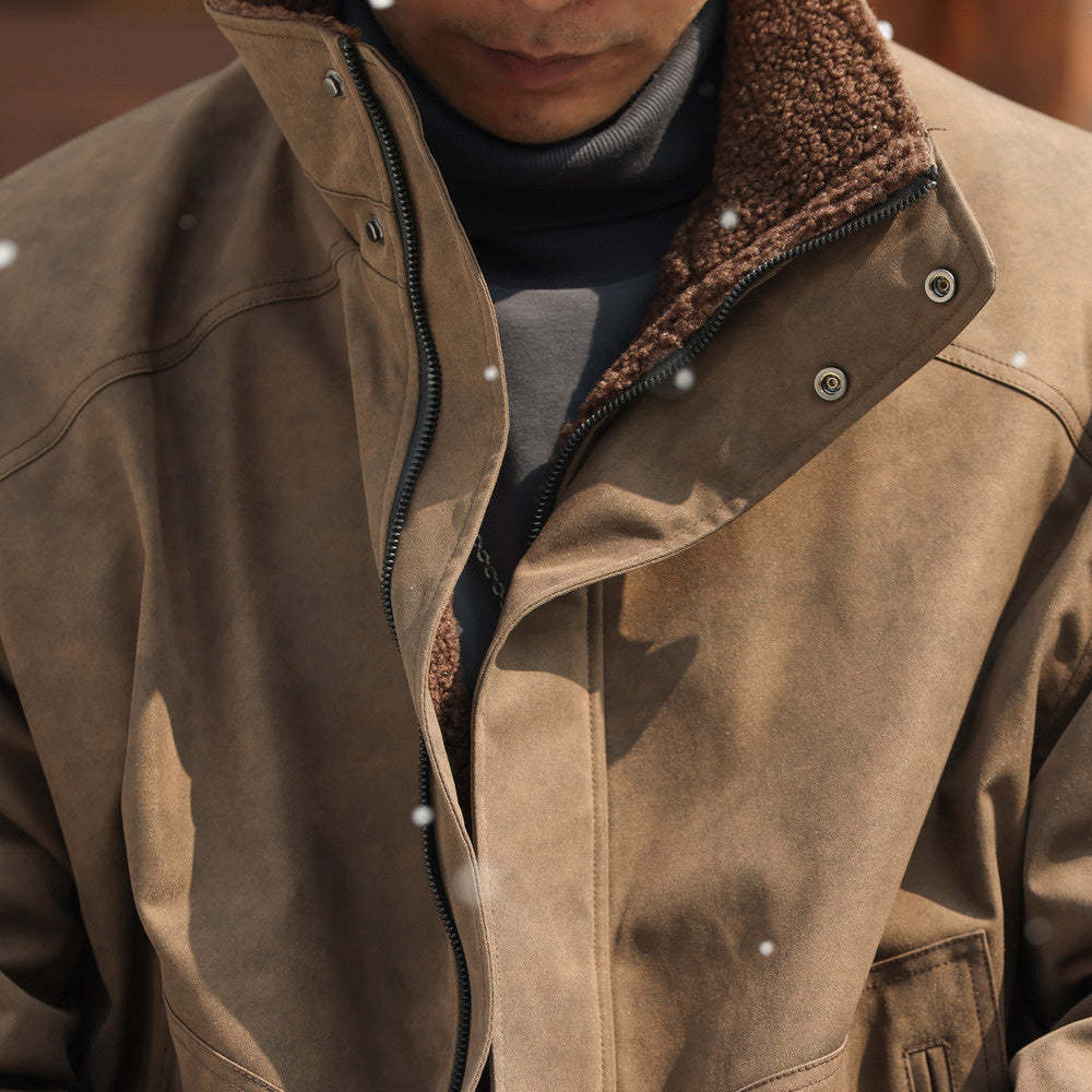 美式復古加棉羊羔絨夾克外套男麂皮絨拼接立領高級感棉服