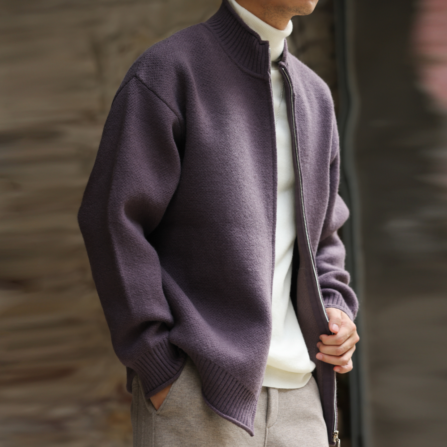 美式復古750g重磅拉鍊開衫毛衣男粗針休閒立領針織外套