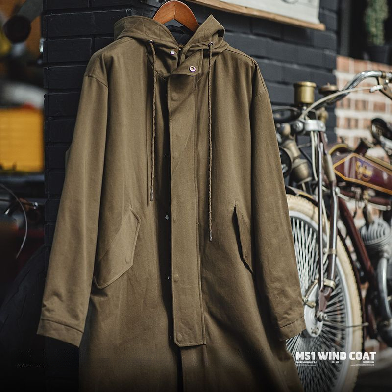 美式復古M51磨毛連帽風衣軍事風寬鬆純棉中長款外套男秋-Retro's Wear