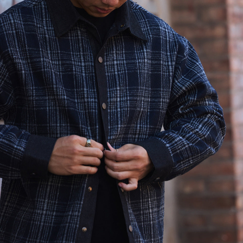 日系復古牛仔拼接格子襯衫男寬鬆羊毛混紡長袖襯衣外套