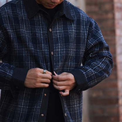 日系復古牛仔拼接格子襯衫男寬鬆羊毛混紡長袖襯衣外套