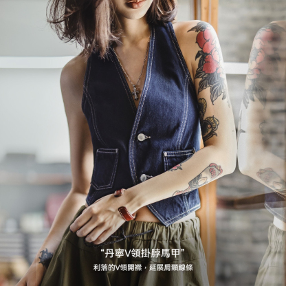 美式疊穿無袖V領背心開衫馬甲修身外穿坎肩露背掛脖短上衣女