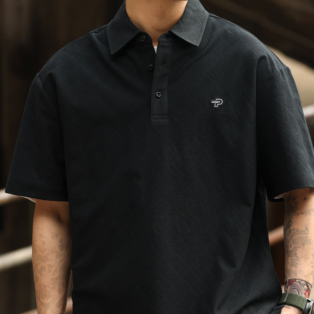 美式休閒200g短袖POLO衫男方格提花零壓舒適感刺繡T恤夏