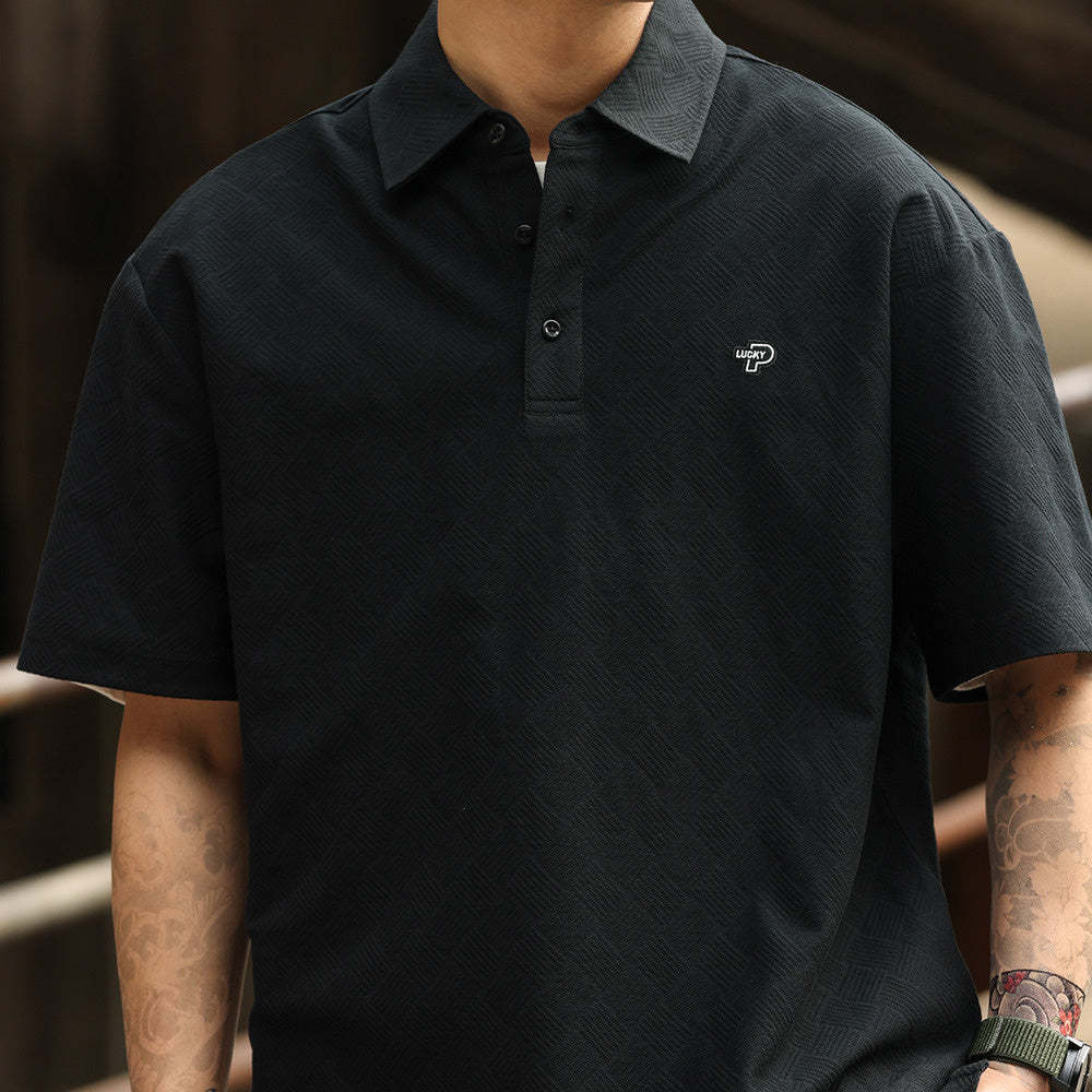 美式休閒200g短袖POLO衫男方格提花零壓舒適感刺繡T恤夏