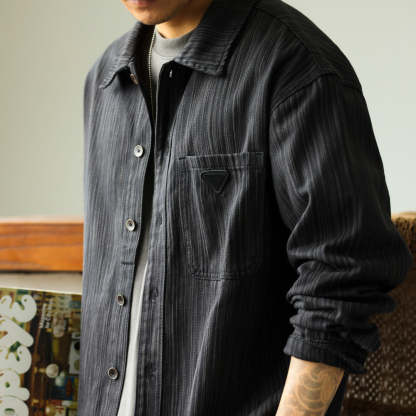 美式復古重磅竹節紋襯衫外套男高級感寬鬆休閒工裝長袖襯衣-Retro's Wear