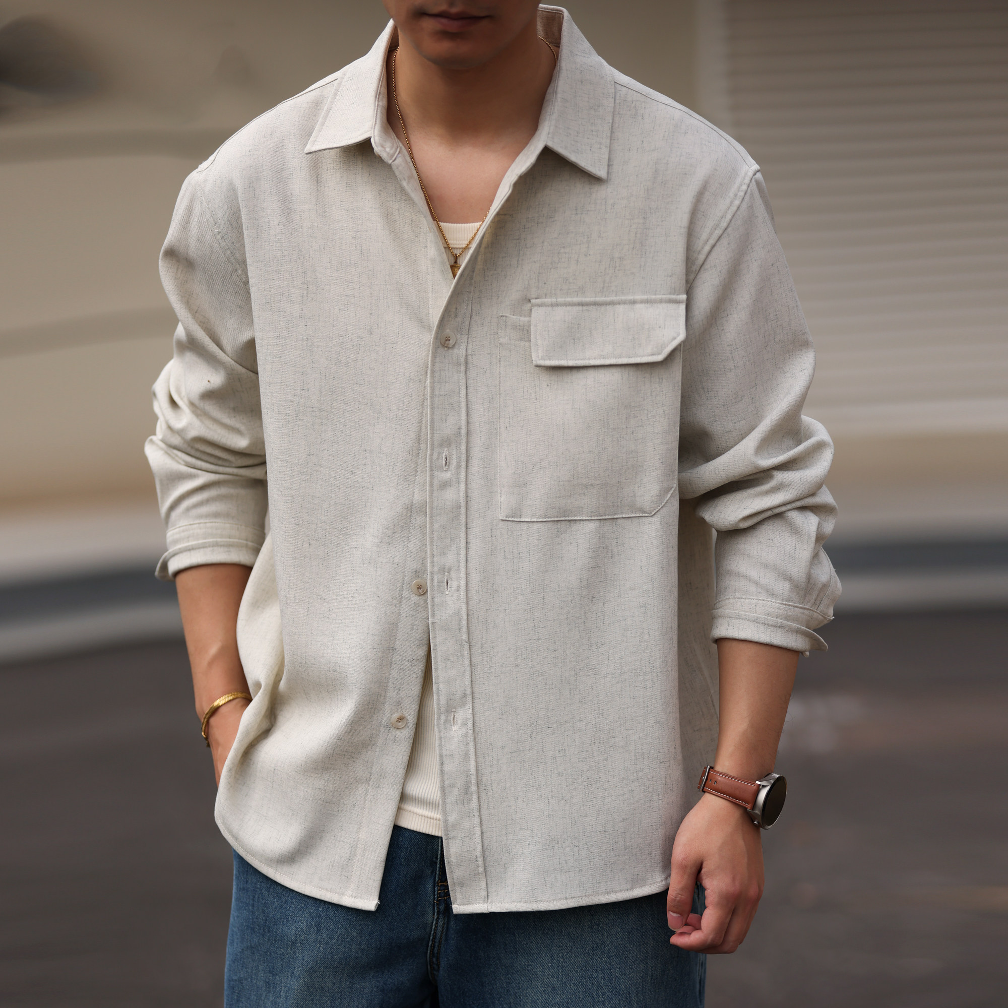 美式慵懶風亞麻長袖工裝襯衫男士寬鬆梭織休閒襯衣外套