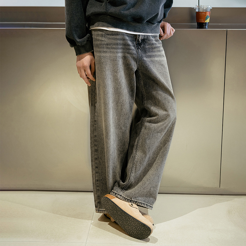 MRA復古水洗丹寧牛仔褲寬鬆直筒闊腿休閒長褲子男士春夏季