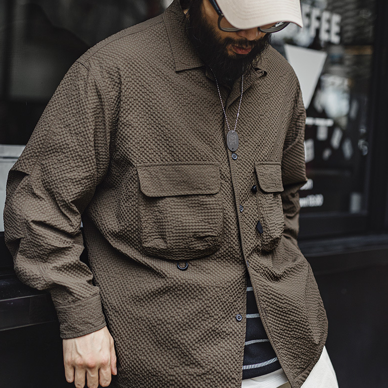 山系戶外古巴領泡泡紗長袖襯衫免燙抗皺口袋薄襯衣男夏秋-Retro's Wear