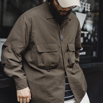 山系戶外古巴領泡泡紗長袖襯衫免燙抗皺口袋薄襯衣男夏秋-Retro's Wear