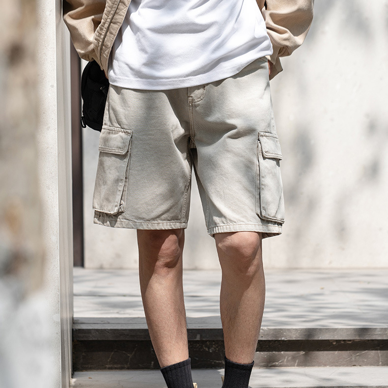 MRA多口袋工裝褲直筒短褲水洗做舊重磅寬鬆純棉五分褲男夏