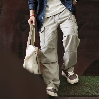 純棉水洗直筒工裝褲男2025秋季新款寬鬆傘兵褲美式闊腿休閒褲子