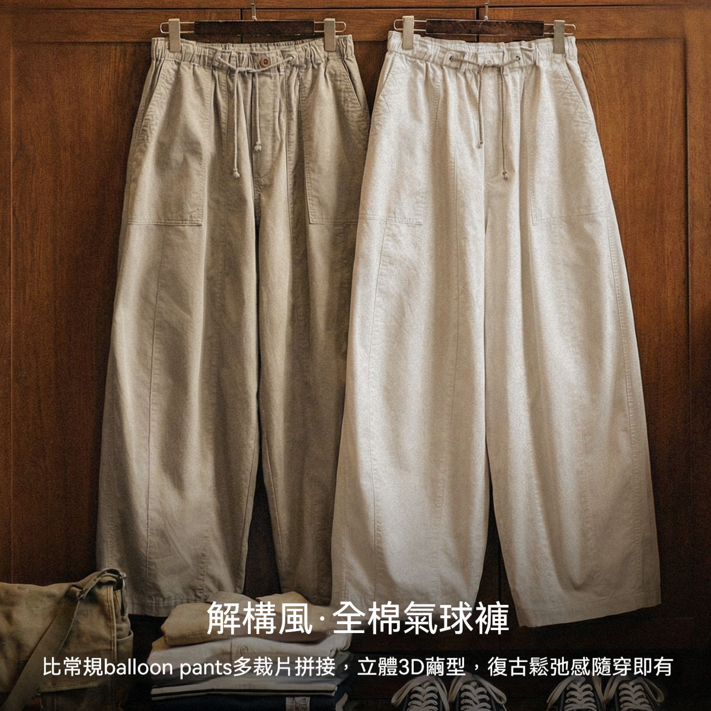 美式復古寬鬆氣球褲廓形哈倫褲卡其色日系休閒長褲子男春