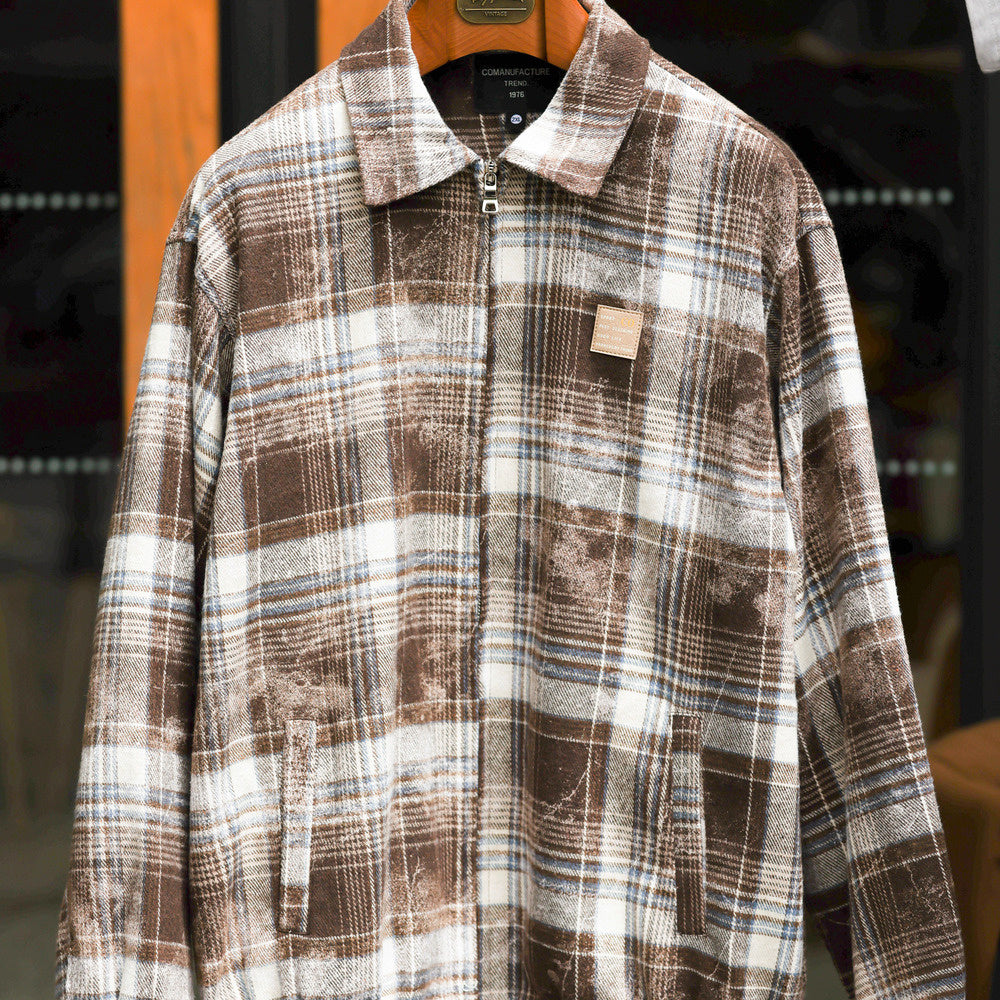 美式水墨暈染格紋夾克男雙向拉鍊寬鬆復古磨毛開衫翻領外套-Retro's Wear