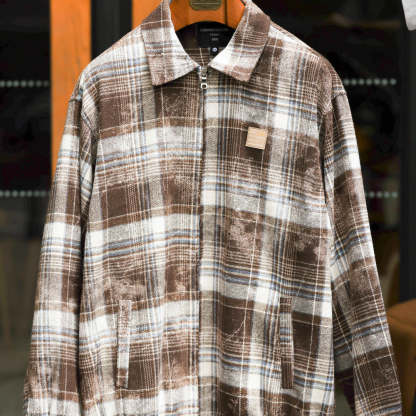 美式水墨暈染格紋夾克男雙向拉鍊寬鬆復古磨毛開衫翻領外套-Retro's Wear