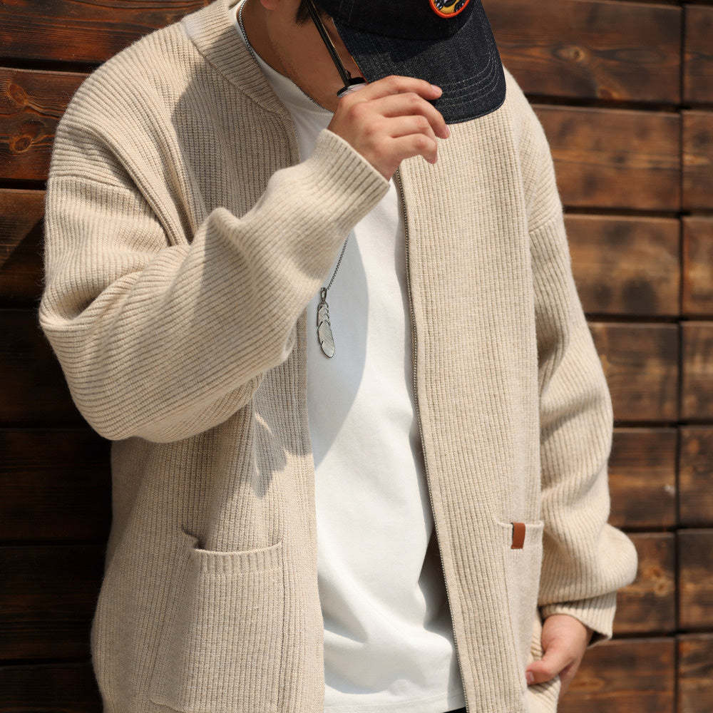 美式休閒680g重磅拉鍊開衫毛衣男7針粗線復古針織外套冬-Retro's Wear