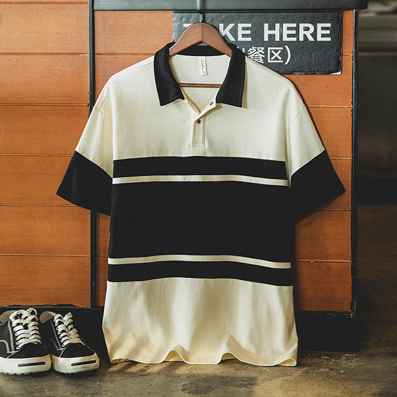 美式復古polo衫短袖男夏季2025新款撞色彈力上衣寬鬆拼接男士t恤