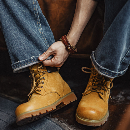 無界翻轉大黃靴男秋冬新款翻蓋中幫真皮復古美式工裝馬丁靴子