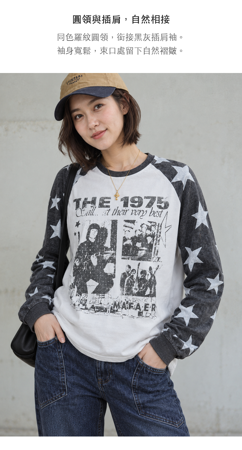 Star Contrast-Color Raglan Printed Long-Sleeve T-Shirt · 07-S04