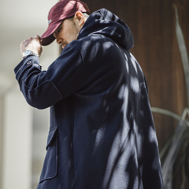 美式復古牛角扣連帽毛呢大衣學院風寬鬆長款外套男女秋冬-Retro's Wear