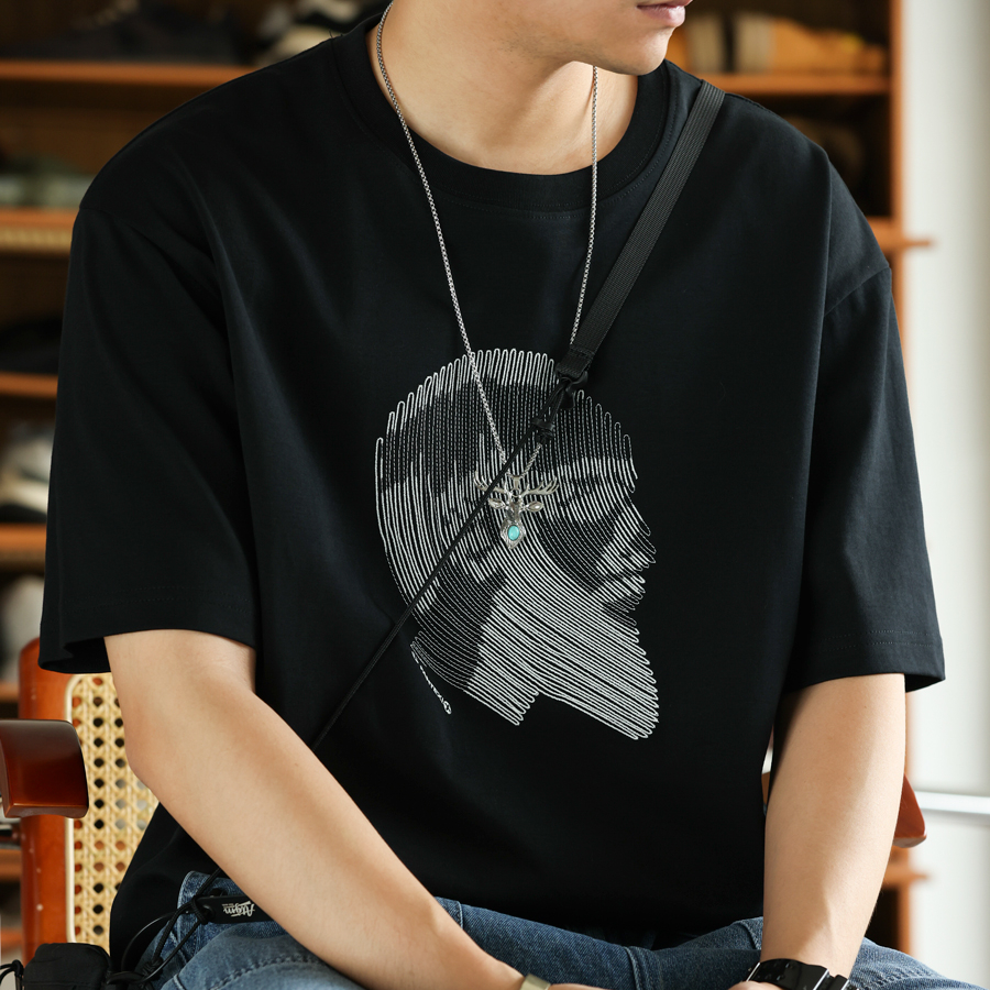 美式休閒人物線條刺繡短袖T恤男寬鬆250g棉混紡打底衫夏