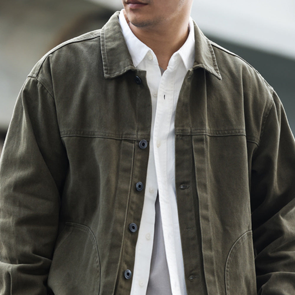 美式格雷系碳素磨毛復古夾克男士寬鬆休閒重磅翻領工裝外套-Retro's Wear