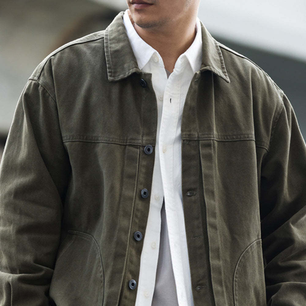 美式格雷系碳素磨毛復古夾克男士寬鬆休閒重磅翻領工裝外套-Retro's Wear