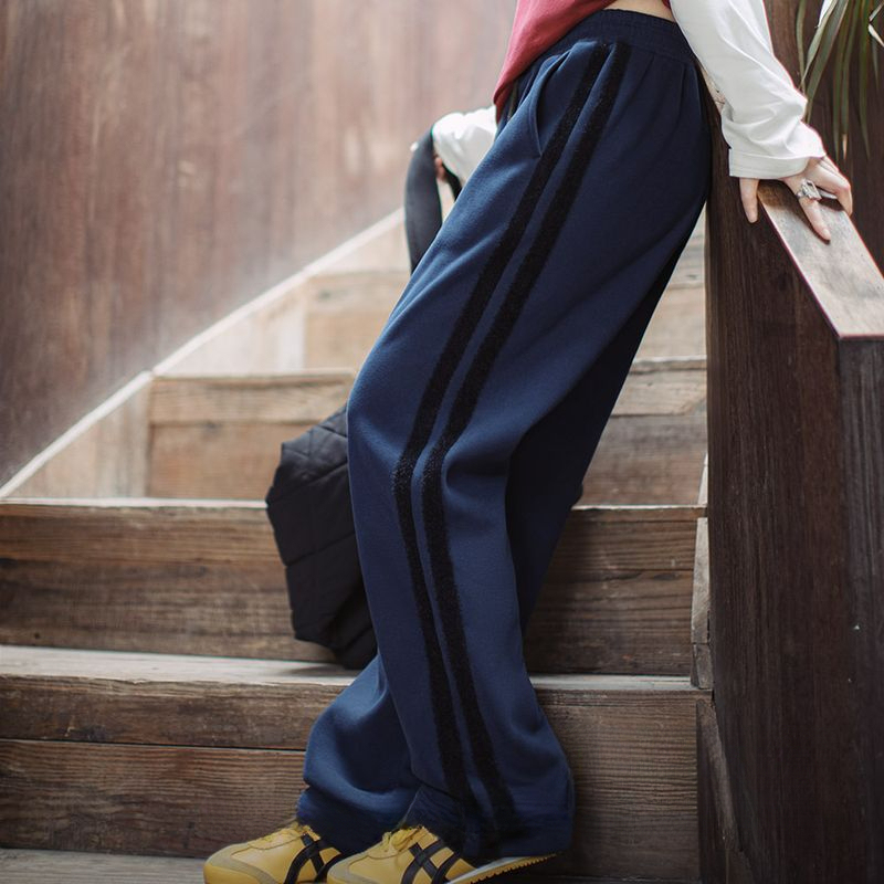 美式雙杠條紋衛褲寬鬆加絨厚休閒褲垂感外穿抽繩運動褲秋冬女-Retro's Wear