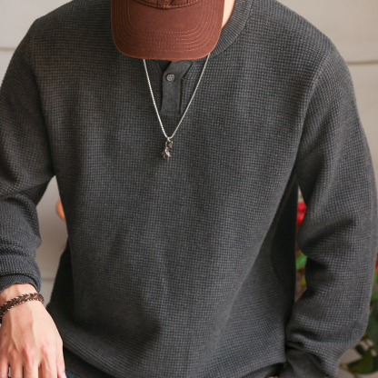 美式新貴亨利領長袖針織衫男細針花紗復古休閒內搭T恤秋