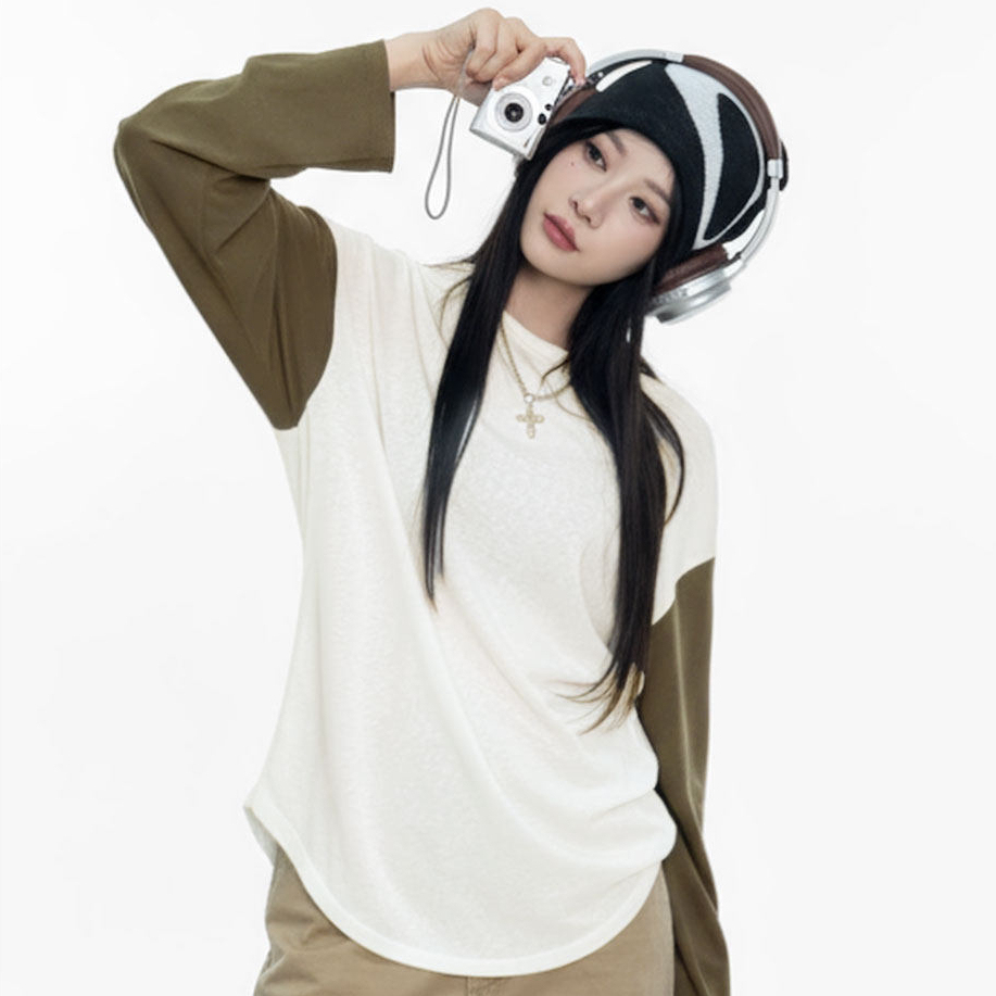 雪花棉圓領寬鬆輕薄撞色拼接內搭長袖T恤衛衣打底衫上衣女春